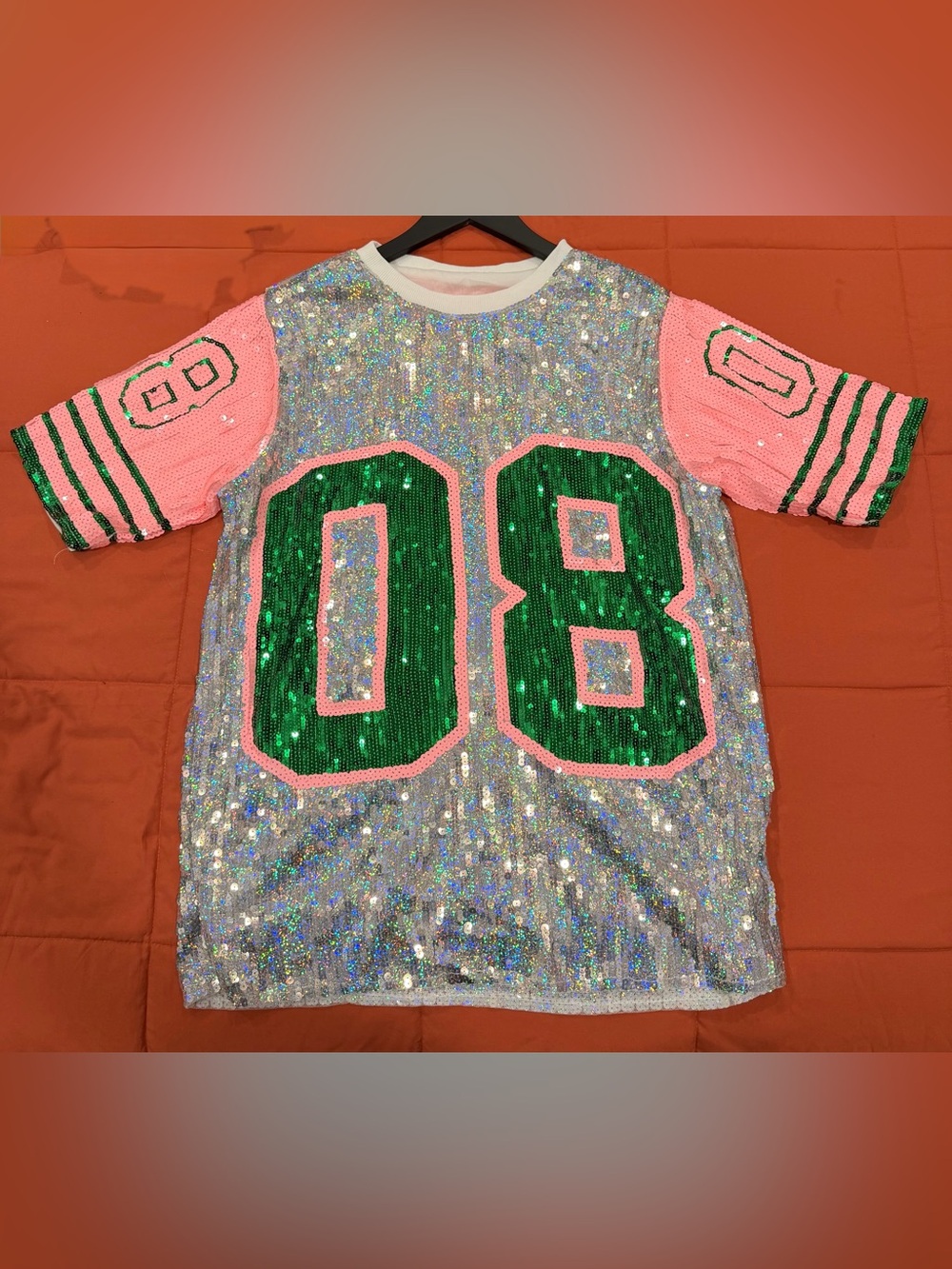Sequin Number Jersey Top in Silver, Green & Pink